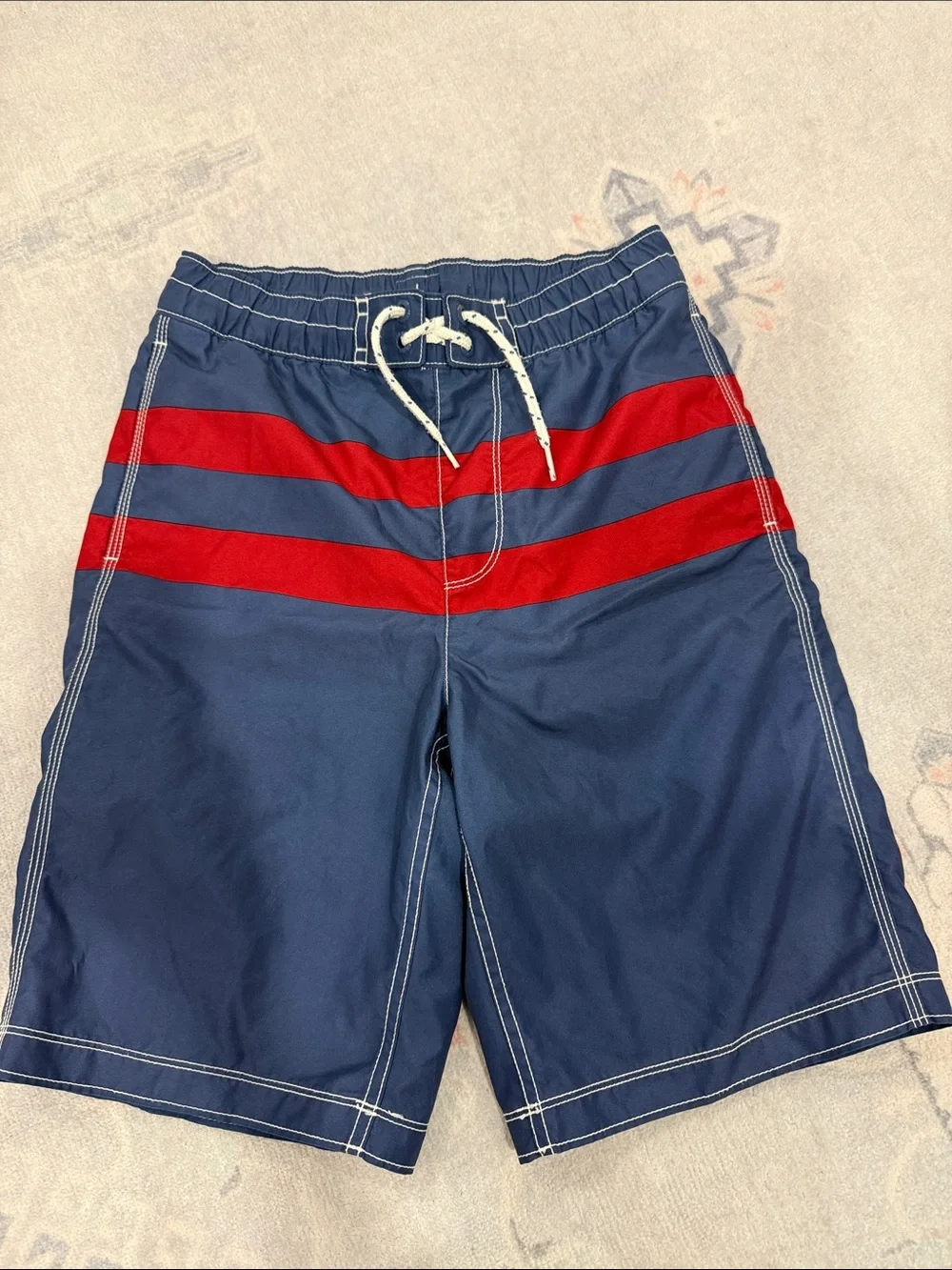 Boys Navy Swim Trunks with Red Stripes
